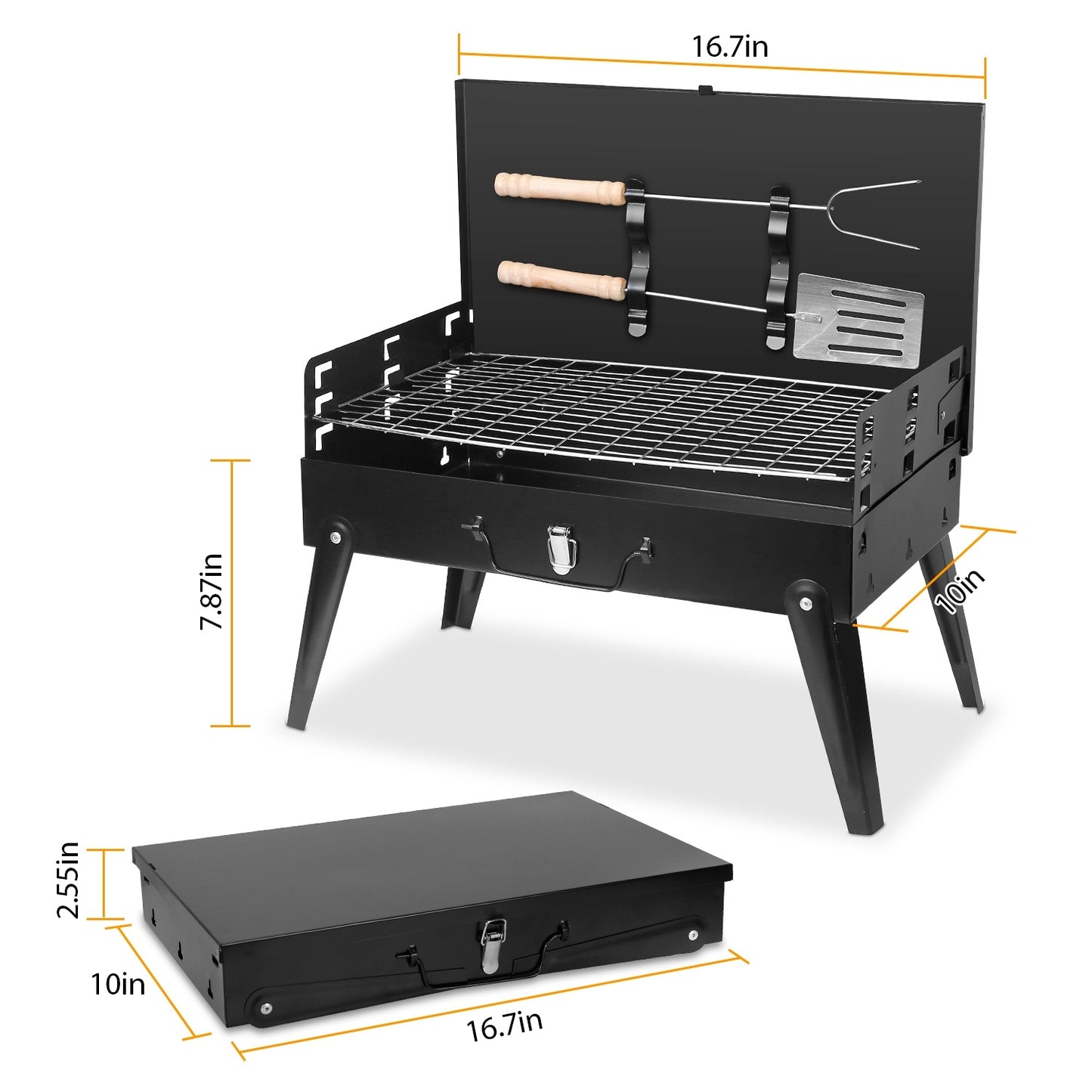 16.7x10x17.7in Portable Charcoal Grill Foldable BBQ Suitcase Grill Shelf For Outdoor Camping Picnics Garden Grilling