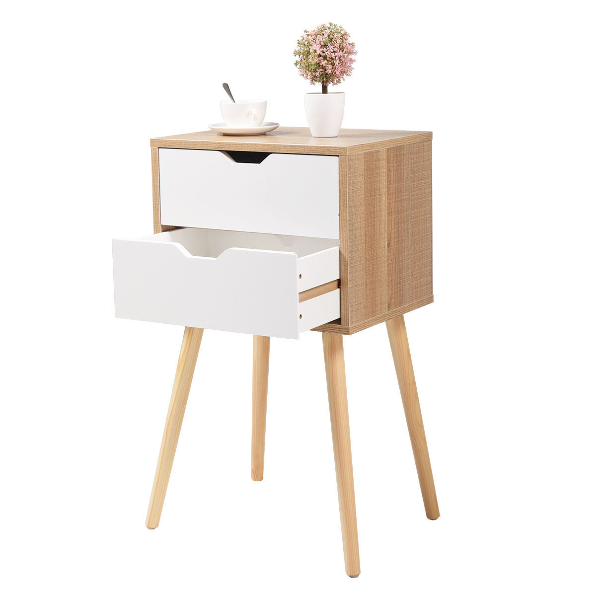 Set of 2 Wooden Modern Nightstand with 2 Drawers and 4 Solid Splayed Legs, Living Room Bedroom Furniture