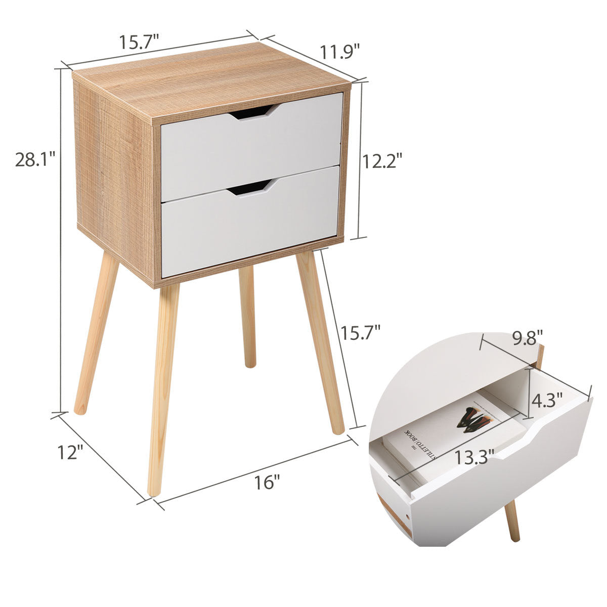 Set of 2 Wooden Modern Nightstand with 2 Drawers and 4 Solid Splayed Legs, Living Room Bedroom Furniture