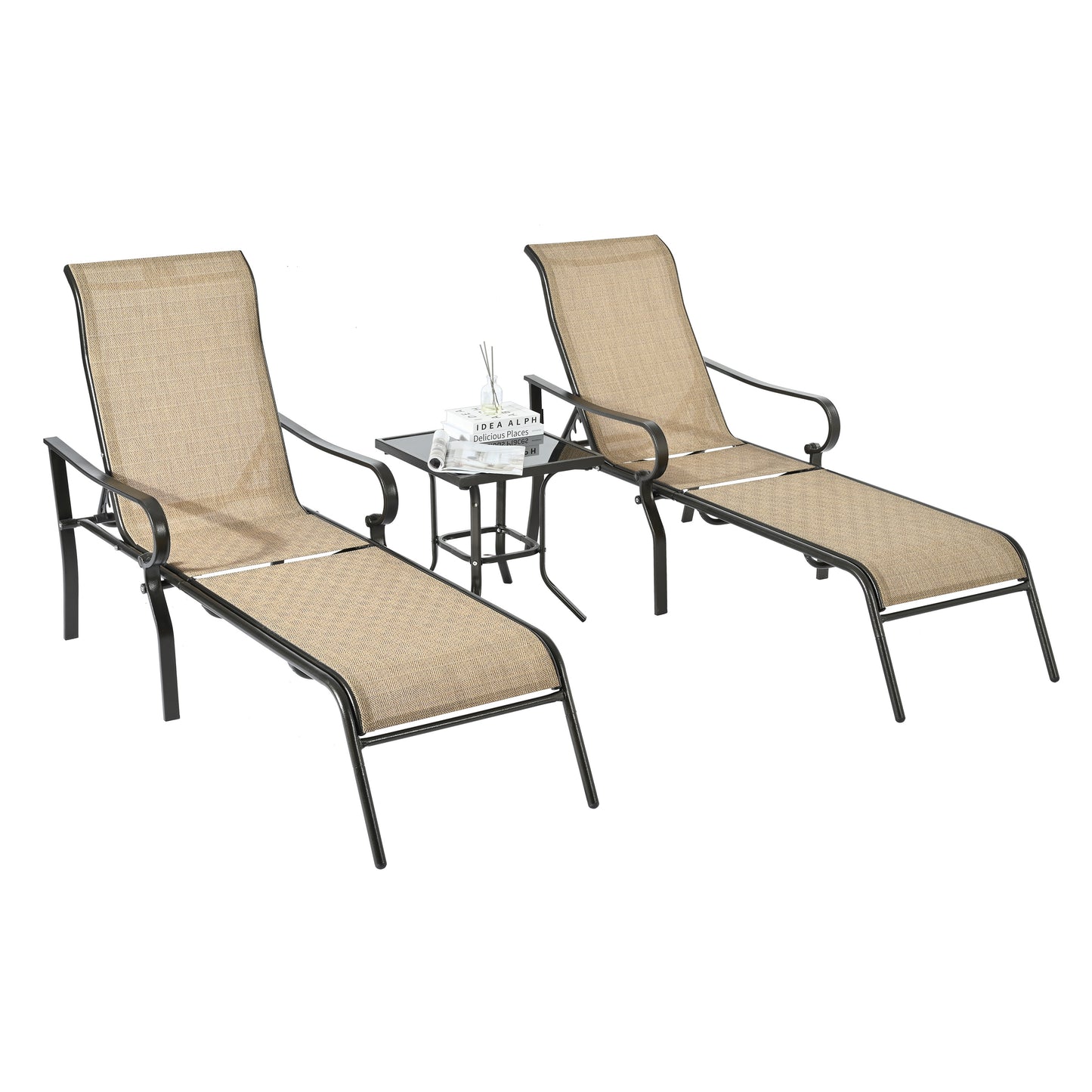 3 Pack Patio Lounge Chair, Outdoor Chaise Lounge with 5 Adjustable Backrest, Sturdy Steel Frame, Sunbathing Recliner, Beach Chair, Tanning Chair for Outside, Yard, Balcony, Pool Chairs