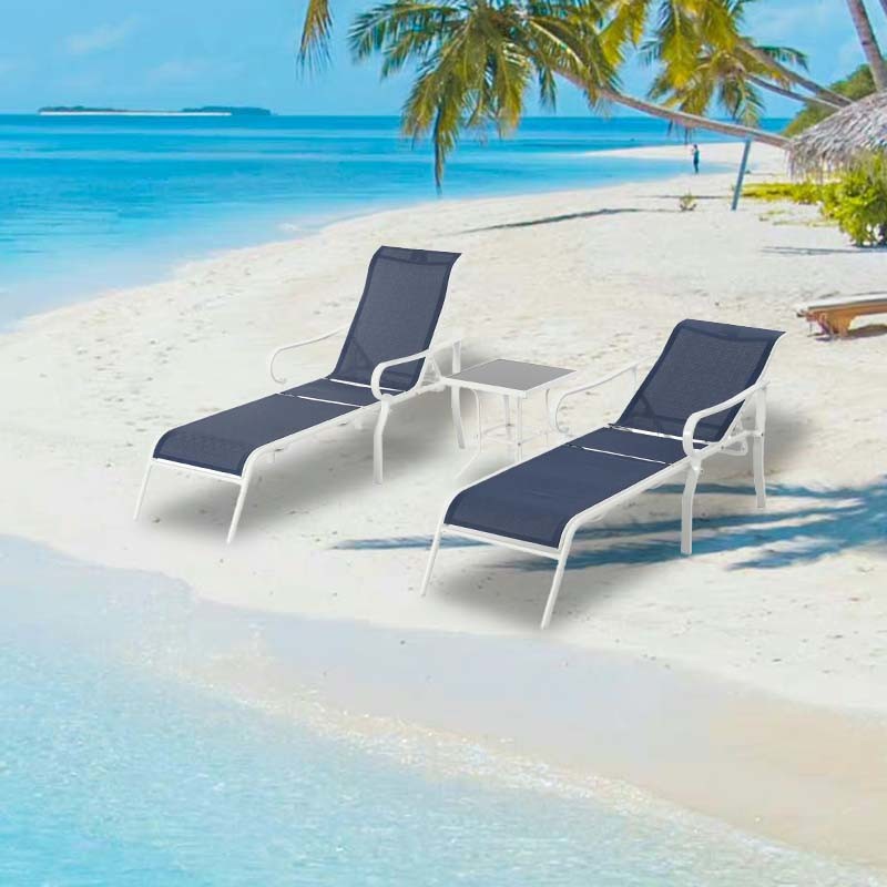 3 Pack Patio Lounge Chair, Outdoor Chaise Lounge with 5 Adjustable Backrest, Sturdy Steel Frame, Sunbathing Recliner, Beach Chair, Tanning Chair for Outside, Yard, Balcony, Pool Chairs,white-blue