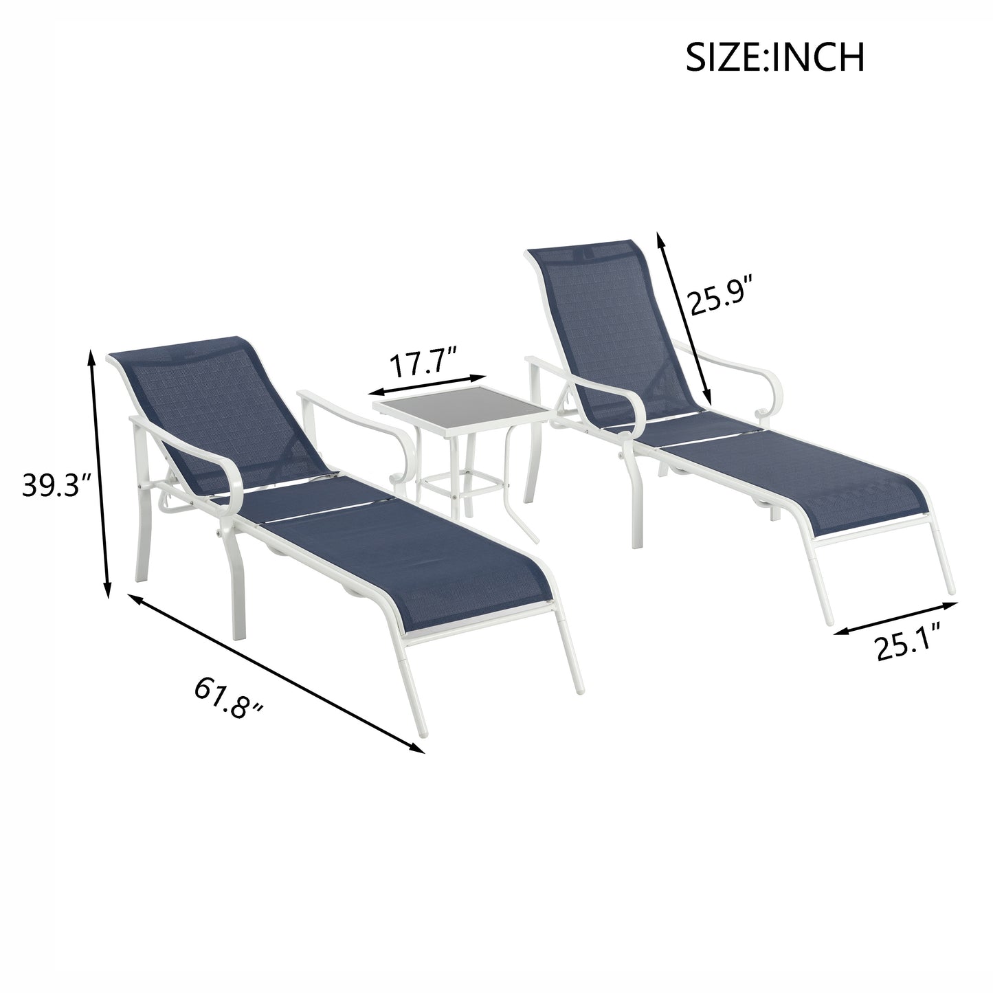 3 Pack Patio Lounge Chair, Outdoor Chaise Lounge with 5 Adjustable Backrest, Sturdy Steel Frame, Sunbathing Recliner, Beach Chair, Tanning Chair for Outside, Yard, Balcony, Pool Chairs,white-blue