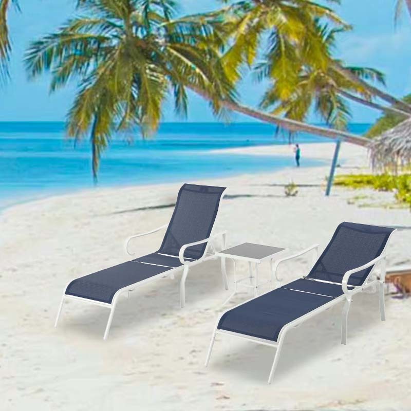 3 Pack Patio Lounge Chair, Outdoor Chaise Lounge with 5 Adjustable Backrest, Sturdy Steel Frame, Sunbathing Recliner, Beach Chair, Tanning Chair for Outside, Yard, Balcony, Pool Chairs,white-blue