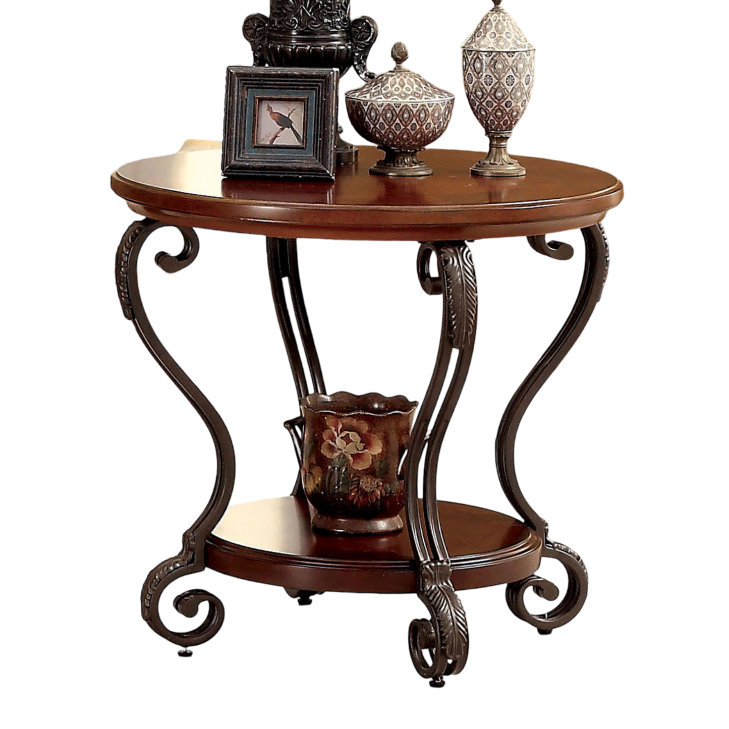 Traditional Style Brown Cherry 1pc END TABLE Open Bottom Shelf Ornate Design Living Room Furniture