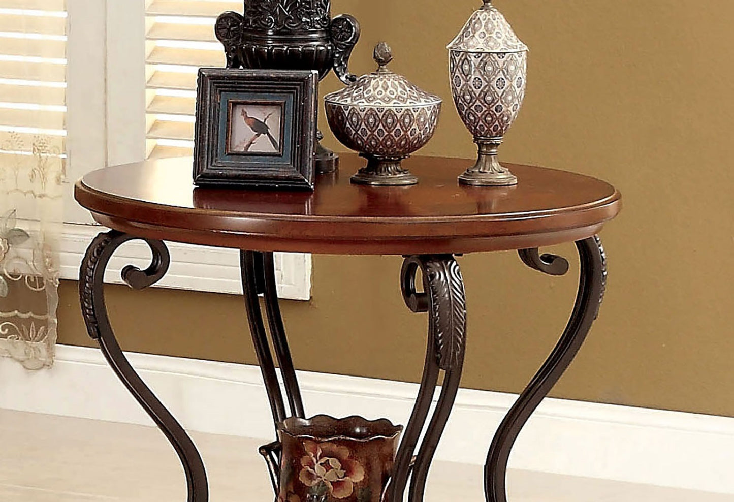 Traditional Style Brown Cherry 1pc END TABLE Open Bottom Shelf Ornate Design Living Room Furniture