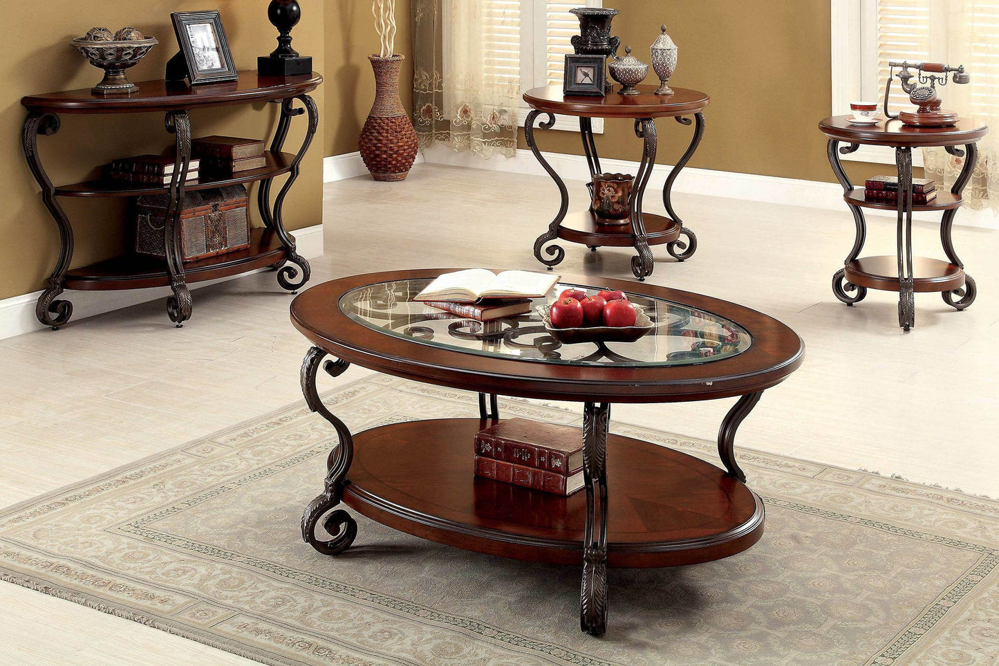 Traditional Style Brown Cherry 1pc END TABLE Open Bottom Shelf Ornate Design Living Room Furniture