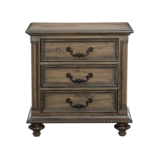 Traditional Vintage Style 1pc Nightstand of 3 Drawers Metal Hardware Weathered Pecan Finish Classic Bedroom Furniture