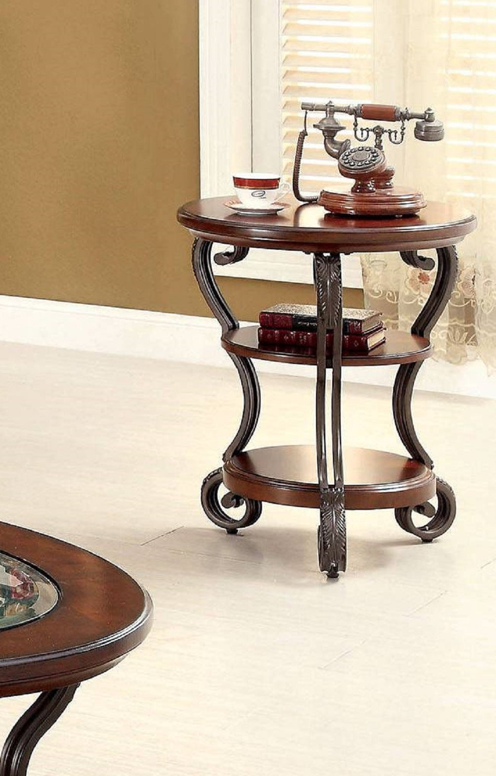 Traditional Style Brown Cherry 1pc SIDE TABLE Open Bottom Shelf Ornate Design Living Room Furniture