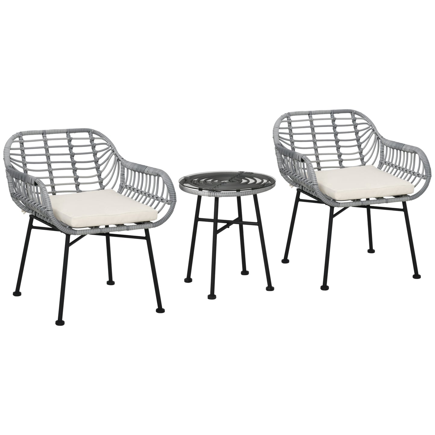 Outsunny 3 Piece Patio Set, Outdoor Bistro Furniture, PE Rattan Wicker Table and Chairs, Cushioned, Hand Woven, Modern Look with Tempered Glass for Garden, Porch, Pool, Backyard, Cream White