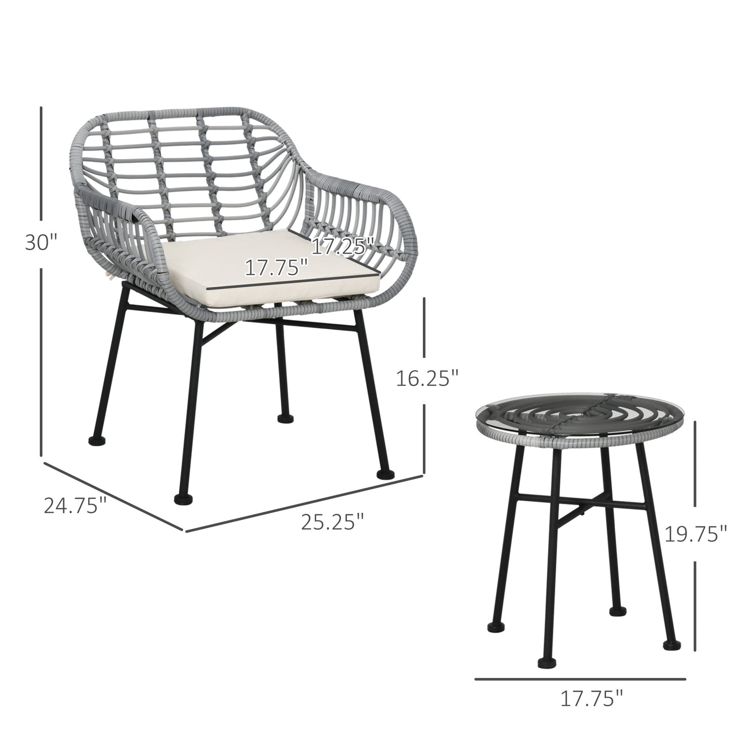 Outsunny 3 Piece Patio Set, Outdoor Bistro Furniture, PE Rattan Wicker Table and Chairs, Cushioned, Hand Woven, Modern Look with Tempered Glass for Garden, Porch, Pool, Backyard, Cream White