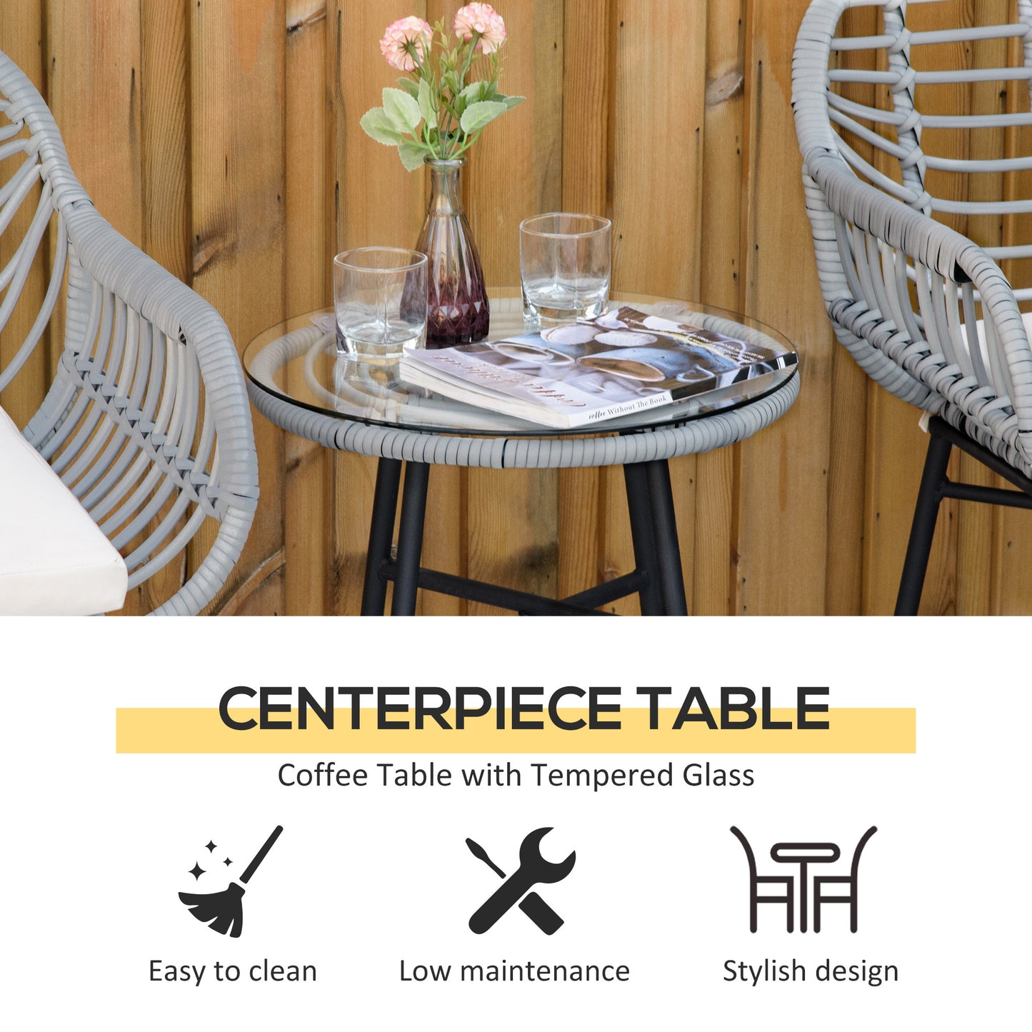 Outsunny 3 Piece Patio Set, Outdoor Bistro Furniture, PE Rattan Wicker Table and Chairs, Cushioned, Hand Woven, Modern Look with Tempered Glass for Garden, Porch, Pool, Backyard, Cream White