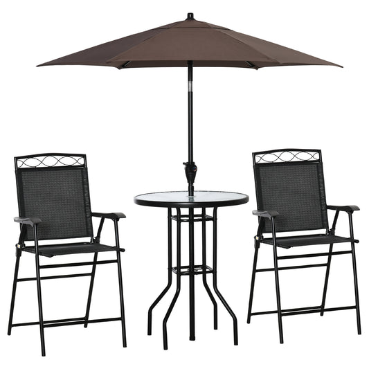 Outsunny 4 Piece Outdoor Patio Dining Furniture Set, 2 Folding Chairs, Adjustable Angle Umbrella, Wave Textured Tempered Glass Dinner Table, Black