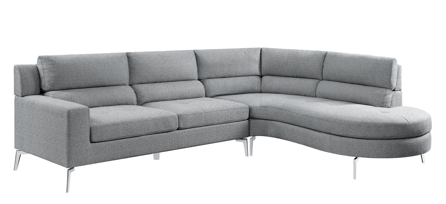 Contemporary Living Room Gray 2-Piece Sectional with Right Chaise Rounded End Plush Back Chrome Finished Legs Luxury Look Solid Wood Furniture