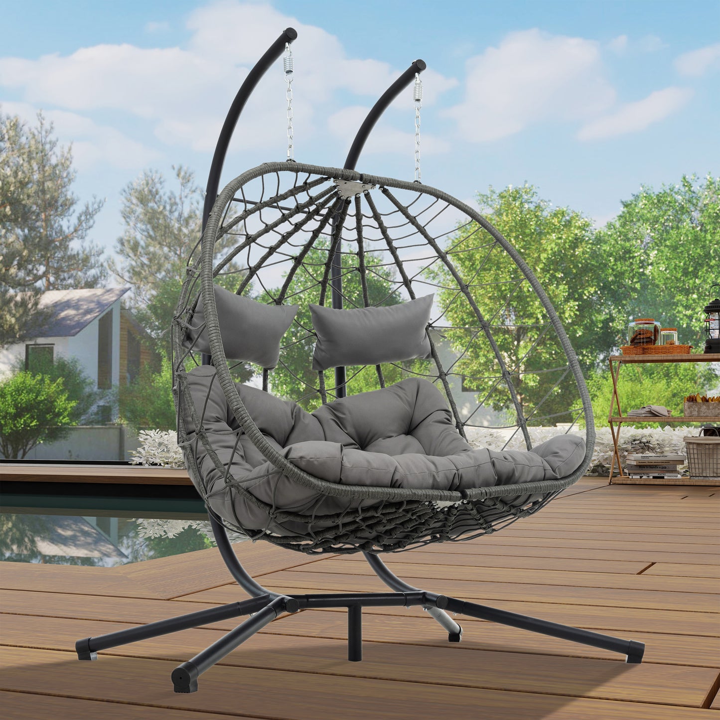 2 Persons Egg Chair with Stand Indoor Outdoor Swing Chair Patio Wicker Hanging Egg Chair Hanging Basket Chair with Stand for Bedroom Living Room Balcony