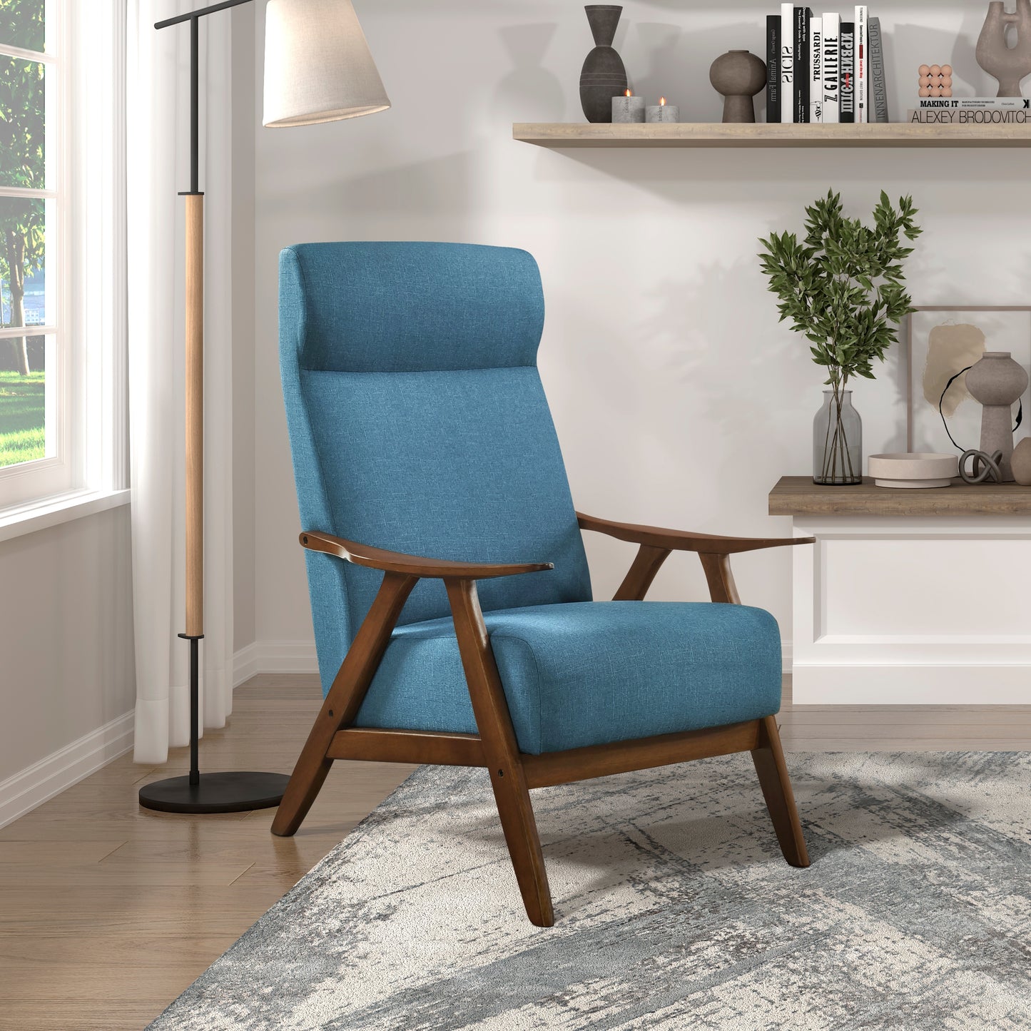 Modern Accent Chair 1pc Blue High Back Chair Cushion Seat and Back Walnut Finish Solid Wood Living Room Furniture