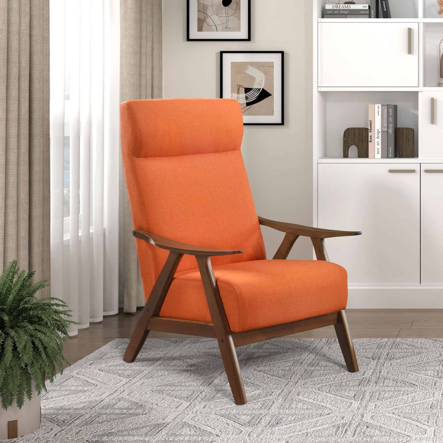 Modern Accent Chair 1pc Orange Fabric Upholstered High-Back Chair Cushion Seat and Back Walnut Finish Solid Wood Living Room Furniture