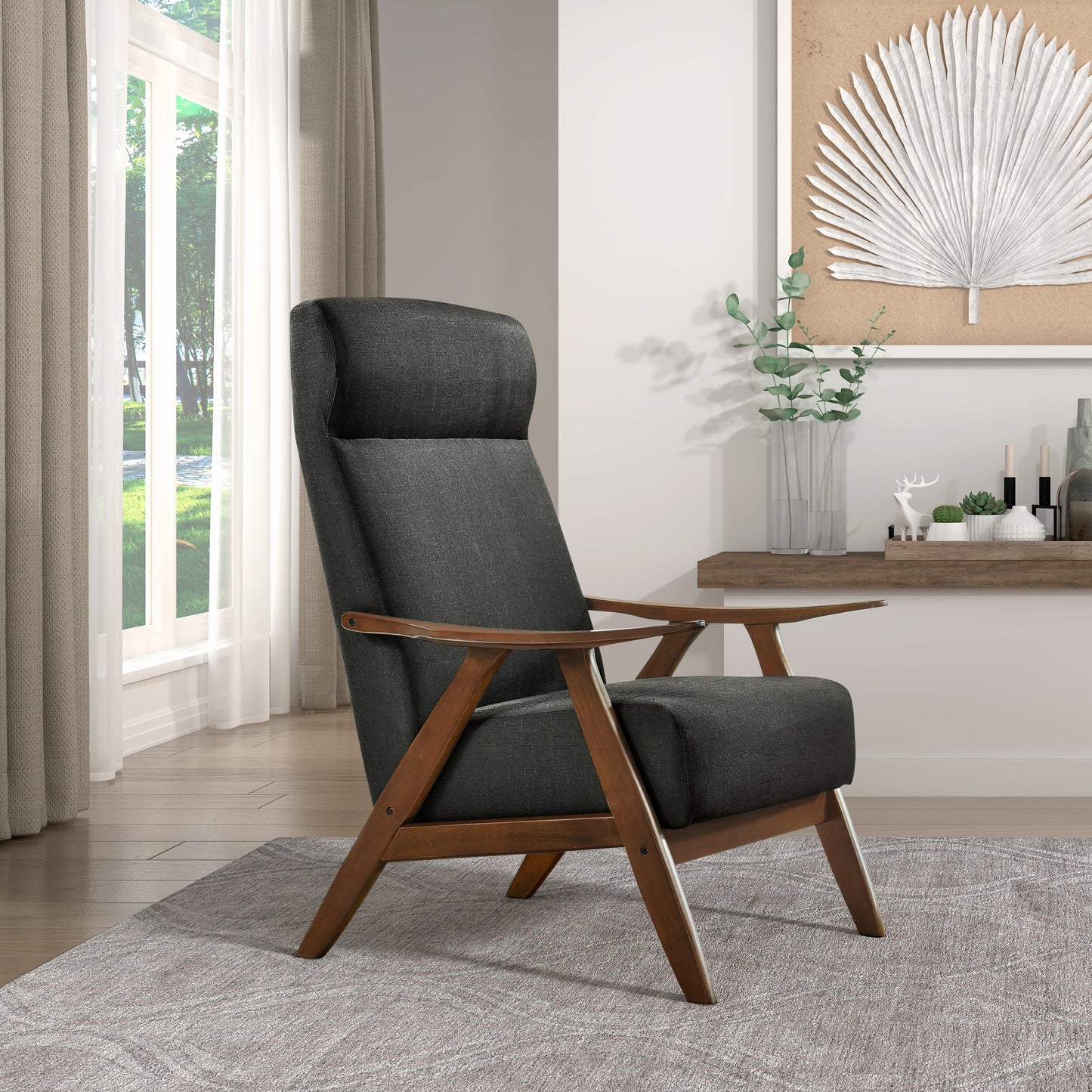 Modern Accent Chair 1pc Dark Gray High Back Chair Cushion Seat and Back Walnut Finish Solid Wood Living Room Furniture