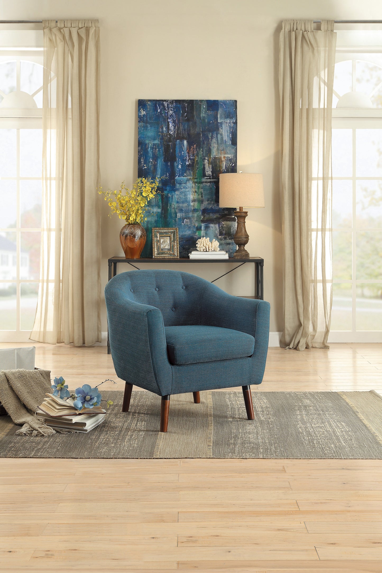 Blue Fabric Upholstered Accent Chair 1pc Espresso Finish Legs Button Tufted Solid Wood Furniture Living Room Chair