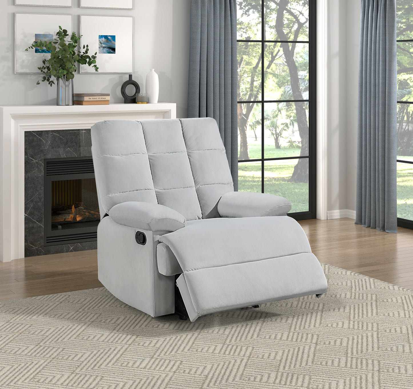 Reclining Chair Light Gray Velvet Upholstery Square Tufted Back Pillowtop Arms Solid Wood Furniture Modern Living Room Recliner 1pc