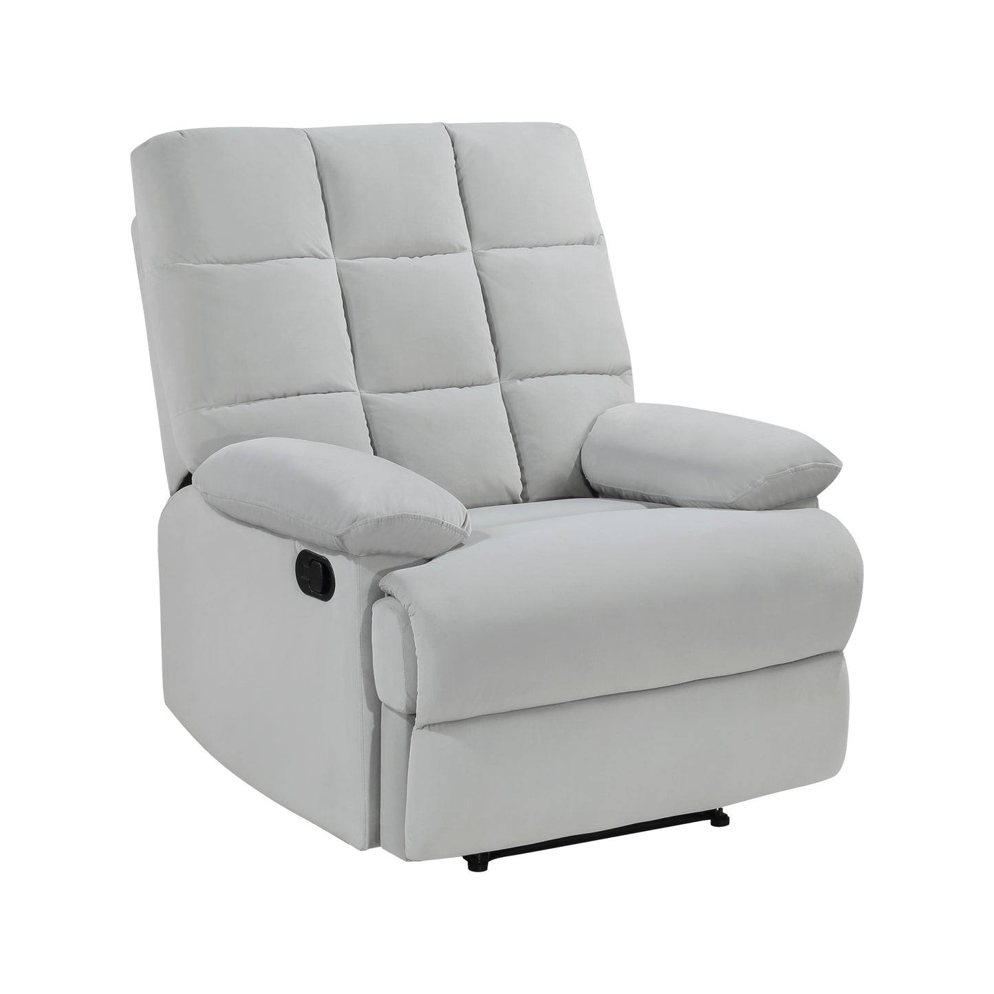 Reclining Chair Light Gray Velvet Upholstery Square Tufted Back Pillowtop Arms Solid Wood Furniture Modern Living Room Recliner 1pc