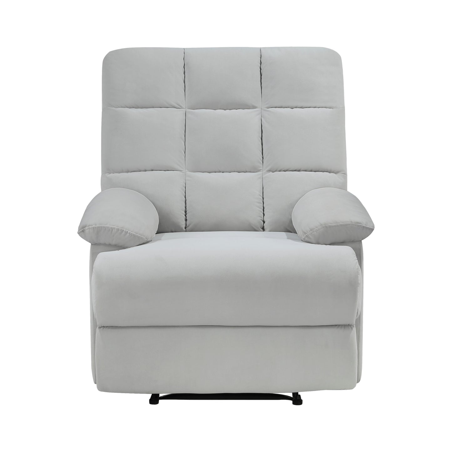 Reclining Chair Light Gray Velvet Upholstery Square Tufted Back Pillowtop Arms Solid Wood Furniture Modern Living Room Recliner 1pc