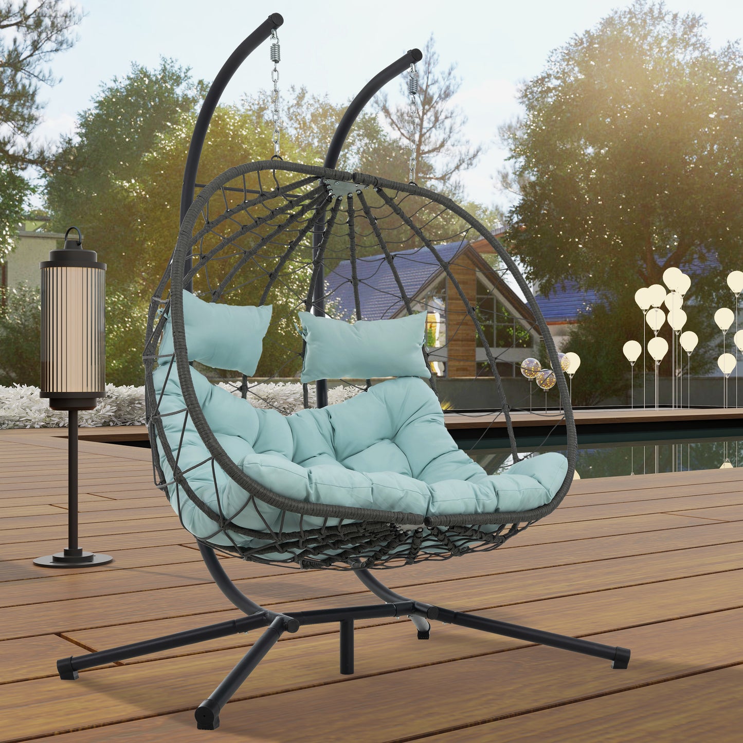 2 Persons Egg Chair with Stand Indoor Outdoor Swing Chair Patio Wicker Hanging Egg Chair Hanging Basket Chair with Stand for Bedroom Living Room Balcony