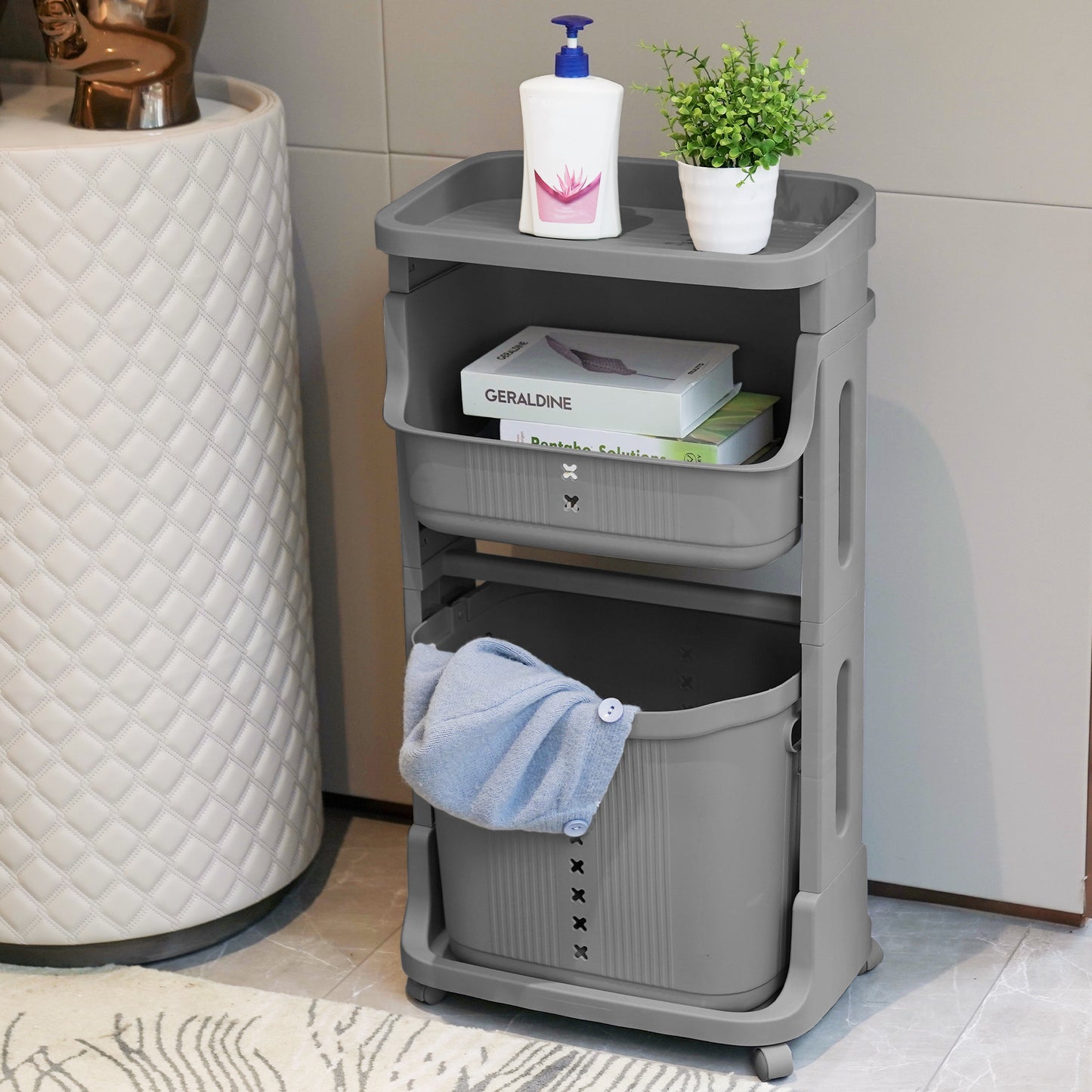 Laundry Basket Plastic Hamper 2-Tier Storage Sorter Hampers with Wheels for Kitchen Bedroom Bathroom Free Standing Storage Baskets Gray