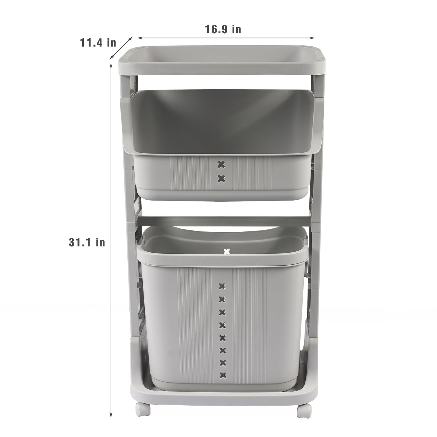 Laundry Basket Plastic Hamper 2-Tier Storage Sorter Hampers with Wheels for Kitchen Bedroom Bathroom Free Standing Storage Baskets Gray