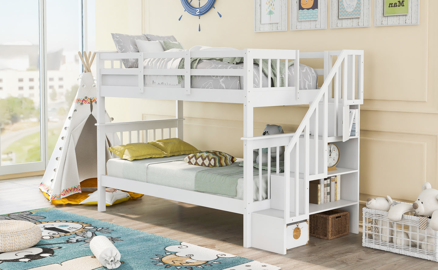 Stairway Twin-Over-Twin Bunk Bed with Storage and Guard Rail for Bedroom, Dorm