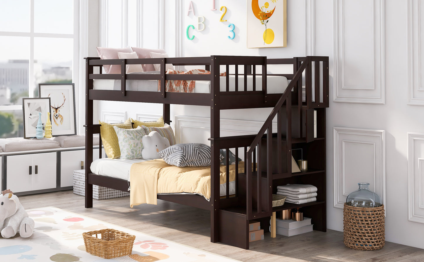 Stairway Twin-Over-Twin Bunk Bed with Storage and Guard Rail for Bedroom, Dorm