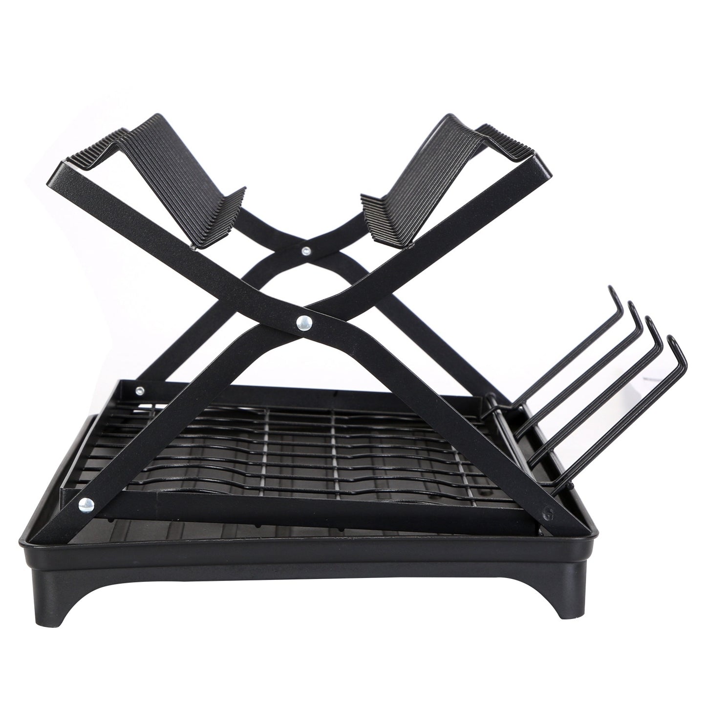 2 Tier Dish Drying Rack with Cup Holder Foldable Dish Drainer Shelf for Kitchen Countertop Rustproof Utensil Holder with Drainboard Black