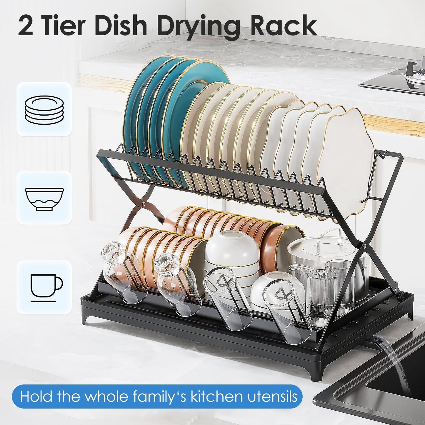 2 Tier Dish Drying Rack with Cup Holder Foldable Dish Drainer Shelf for Kitchen Countertop Rustproof Utensil Holder with Drainboard Black