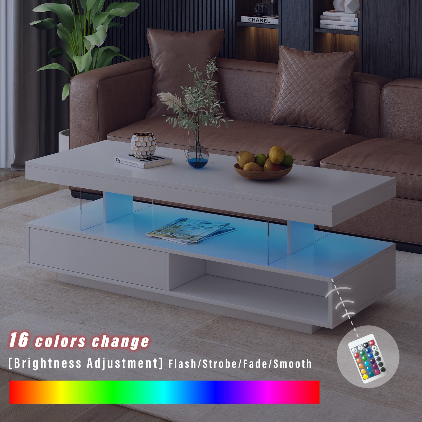 LED Coffee Table with Storage, Modern Center Table with 2 Drawers and Display Shelves, Accent Furniture with LED Lights for Living Room