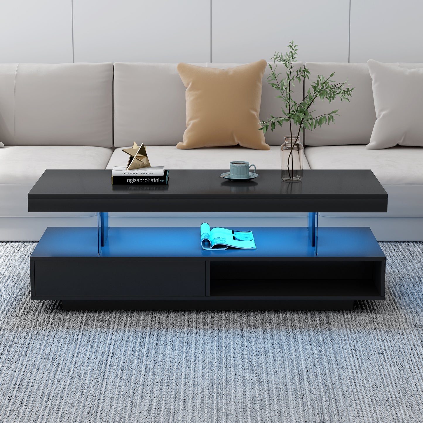 LED Coffee Table with Storage, Modern Center Table with 2 Drawers and Display Shelves, Accent Furniture with LED Lights for Living Room