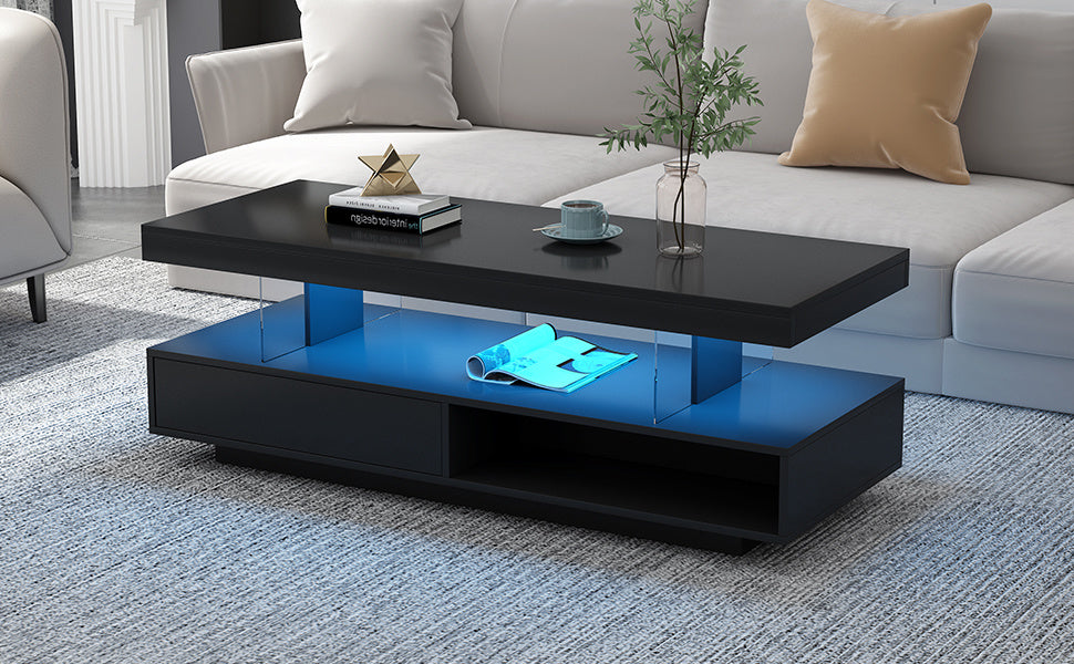 LED Coffee Table with Storage, Modern Center Table with 2 Drawers and Display Shelves, Accent Furniture with LED Lights for Living Room