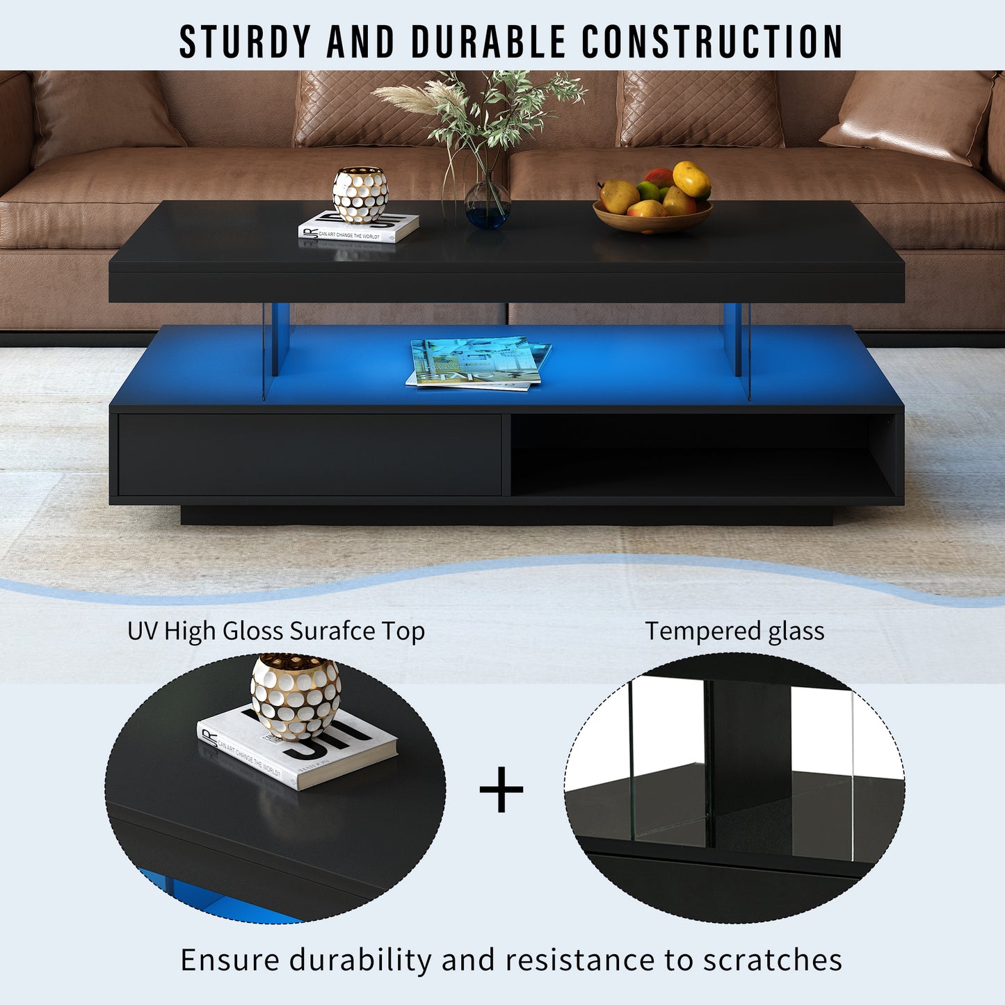 LED Coffee Table with Storage, Modern Center Table with 2 Drawers and Display Shelves, Accent Furniture with LED Lights for Living Room