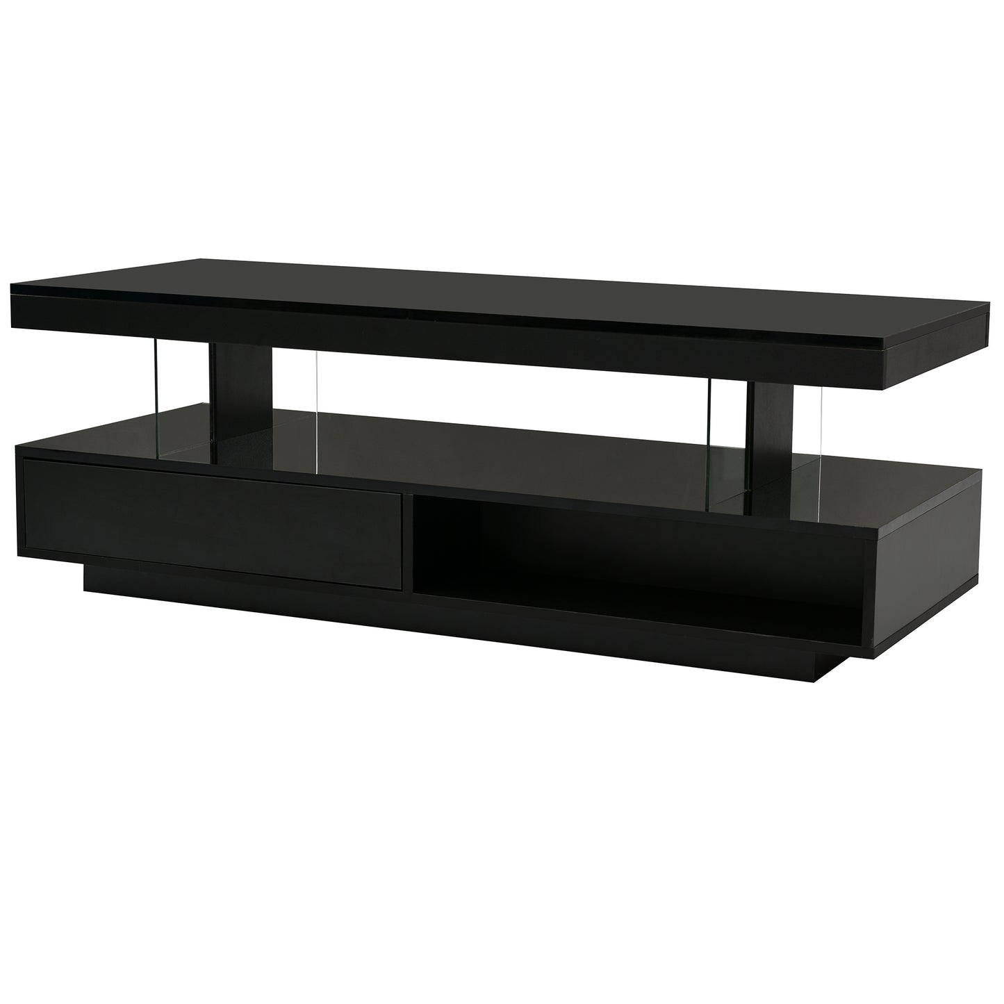 LED Coffee Table with Storage, Modern Center Table with 2 Drawers and Display Shelves, Accent Furniture with LED Lights for Living Room