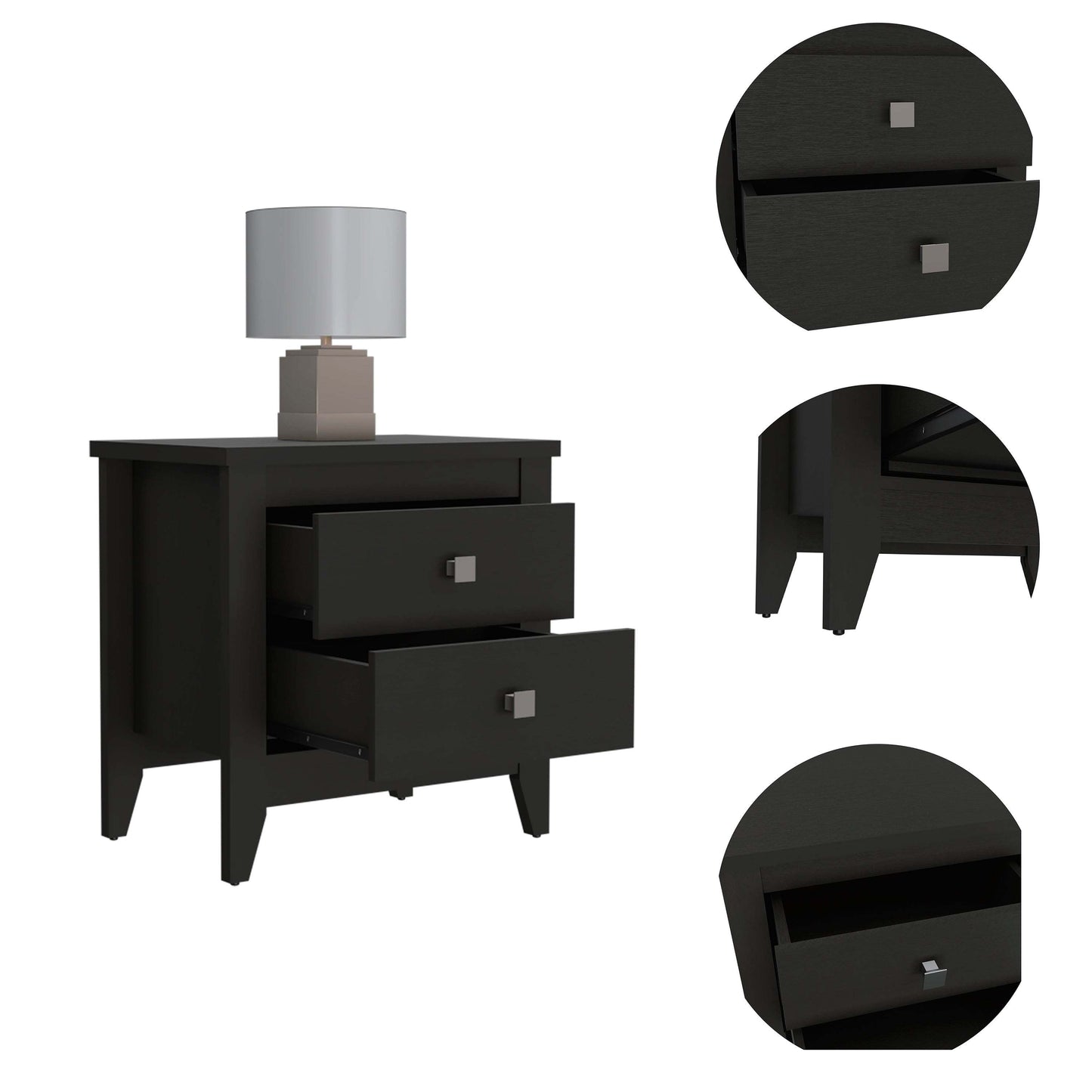 Breeze Four-Legged Modern Bedroom Nightstand, with Two Drawers, Black