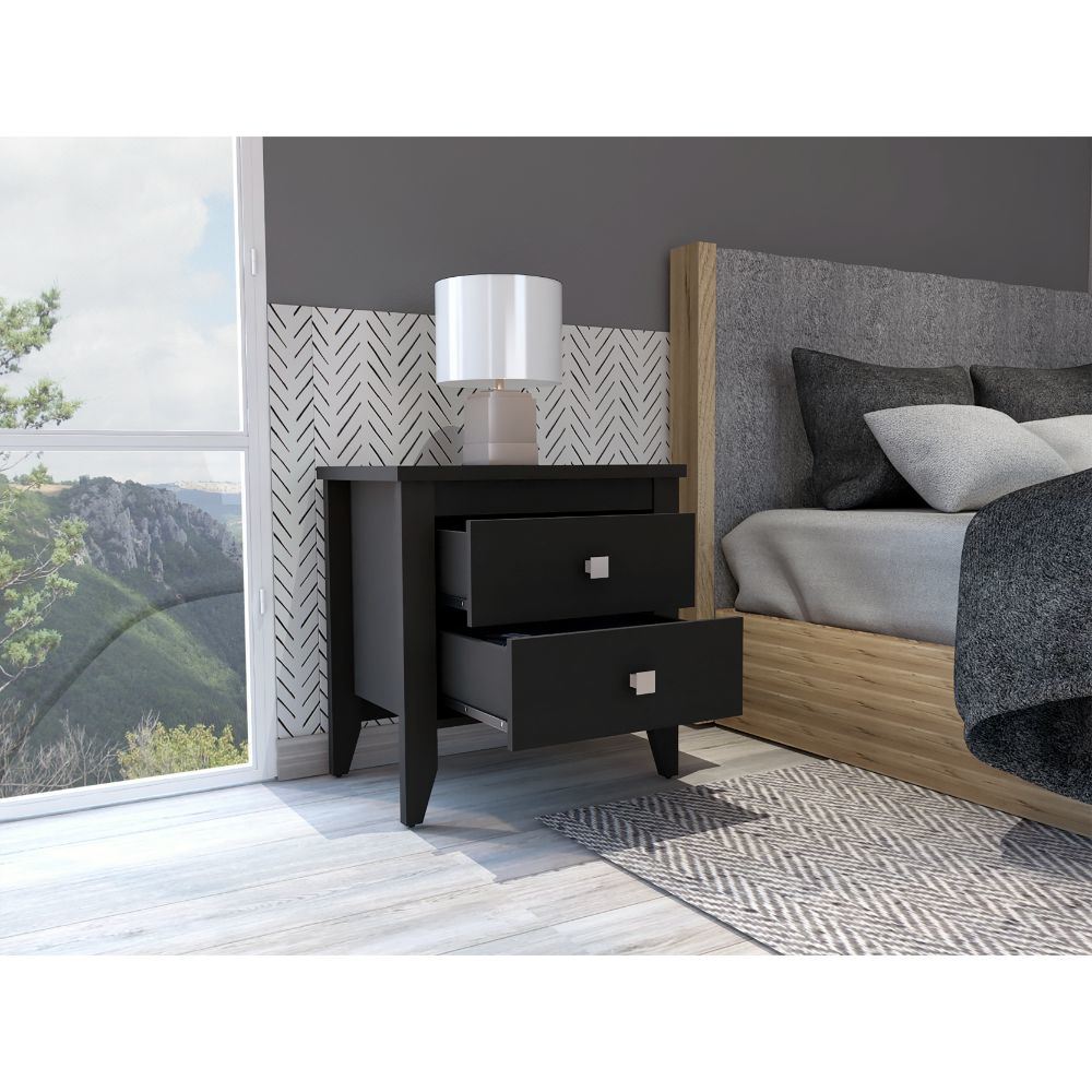 Breeze Four-Legged Modern Bedroom Nightstand, with Two Drawers, Black