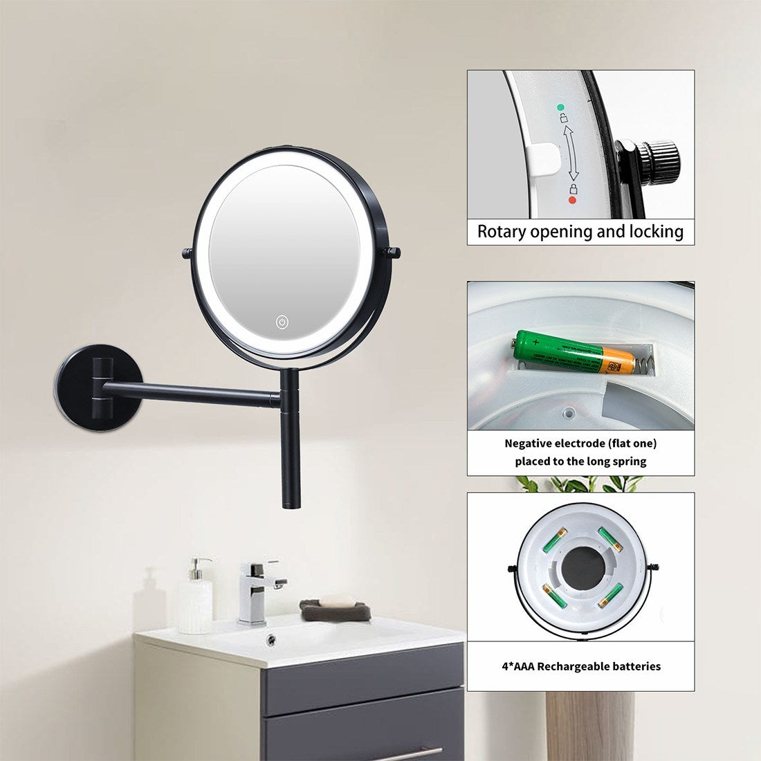 8 Inch 3 Colors LED Lighted, Wall Mounted Makeup Mirror, Double Sided 1X /10X HD Magnifying, 360° Swivel with Extension Arm, Bathroom Vanity Mirror(Black)