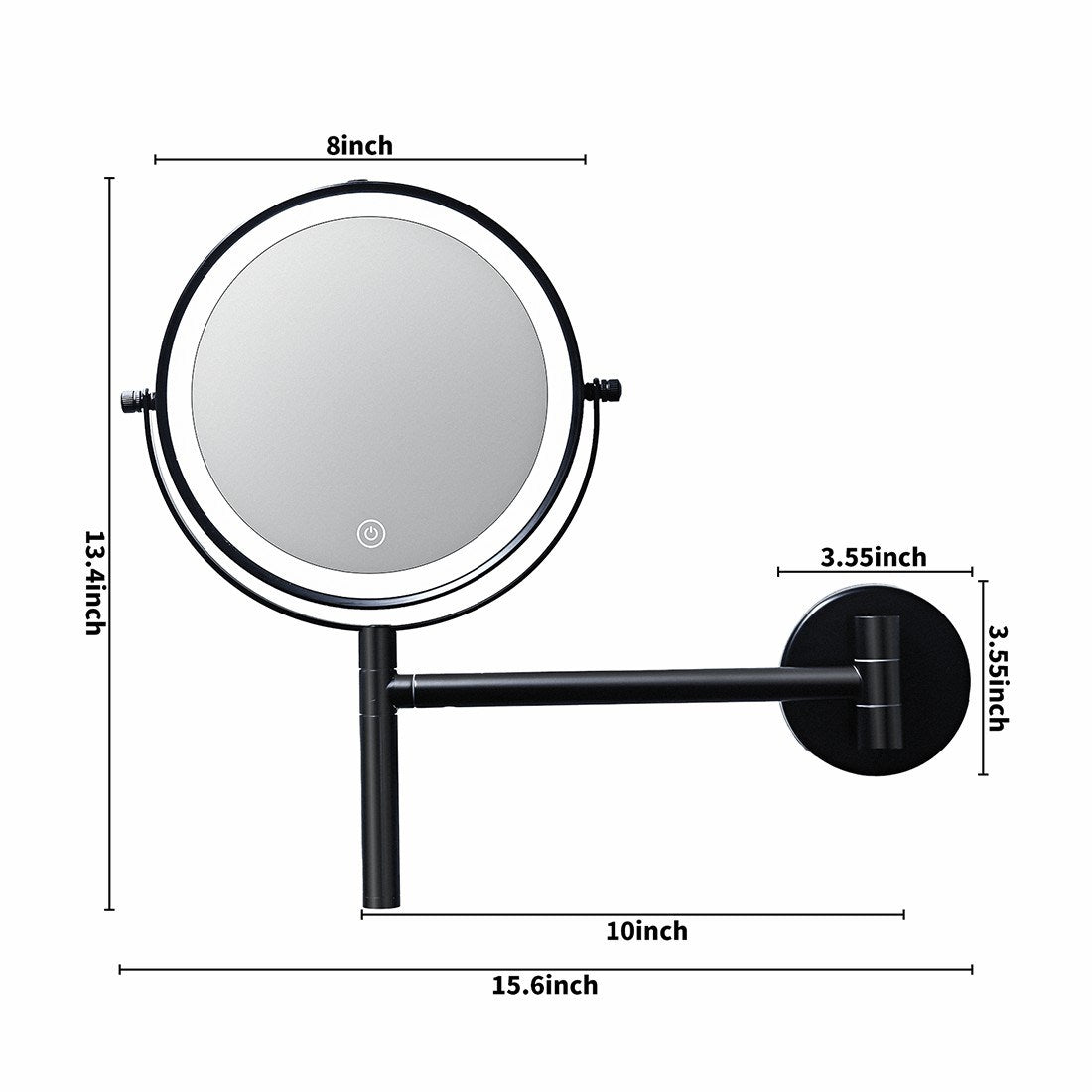 8 Inch 3 Colors LED Lighted, Wall Mounted Makeup Mirror, Double Sided 1X /10X HD Magnifying, 360° Swivel with Extension Arm, Bathroom Vanity Mirror(Black)