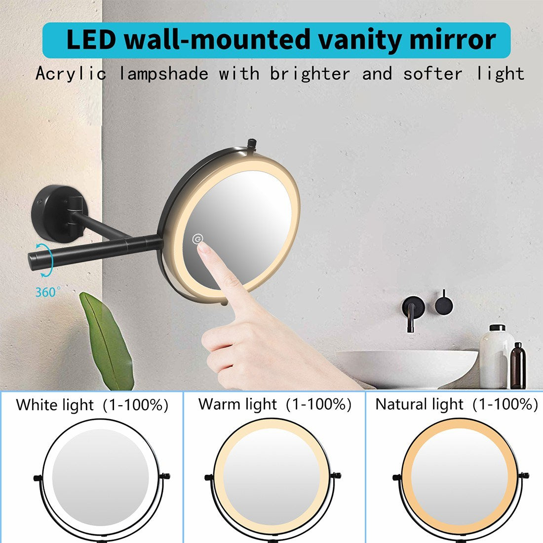 8 Inch 3 Colors LED Lighted, Wall Mounted Makeup Mirror, Double Sided 1X /10X HD Magnifying, 360° Swivel with Extension Arm, Bathroom Vanity Mirror(Black)