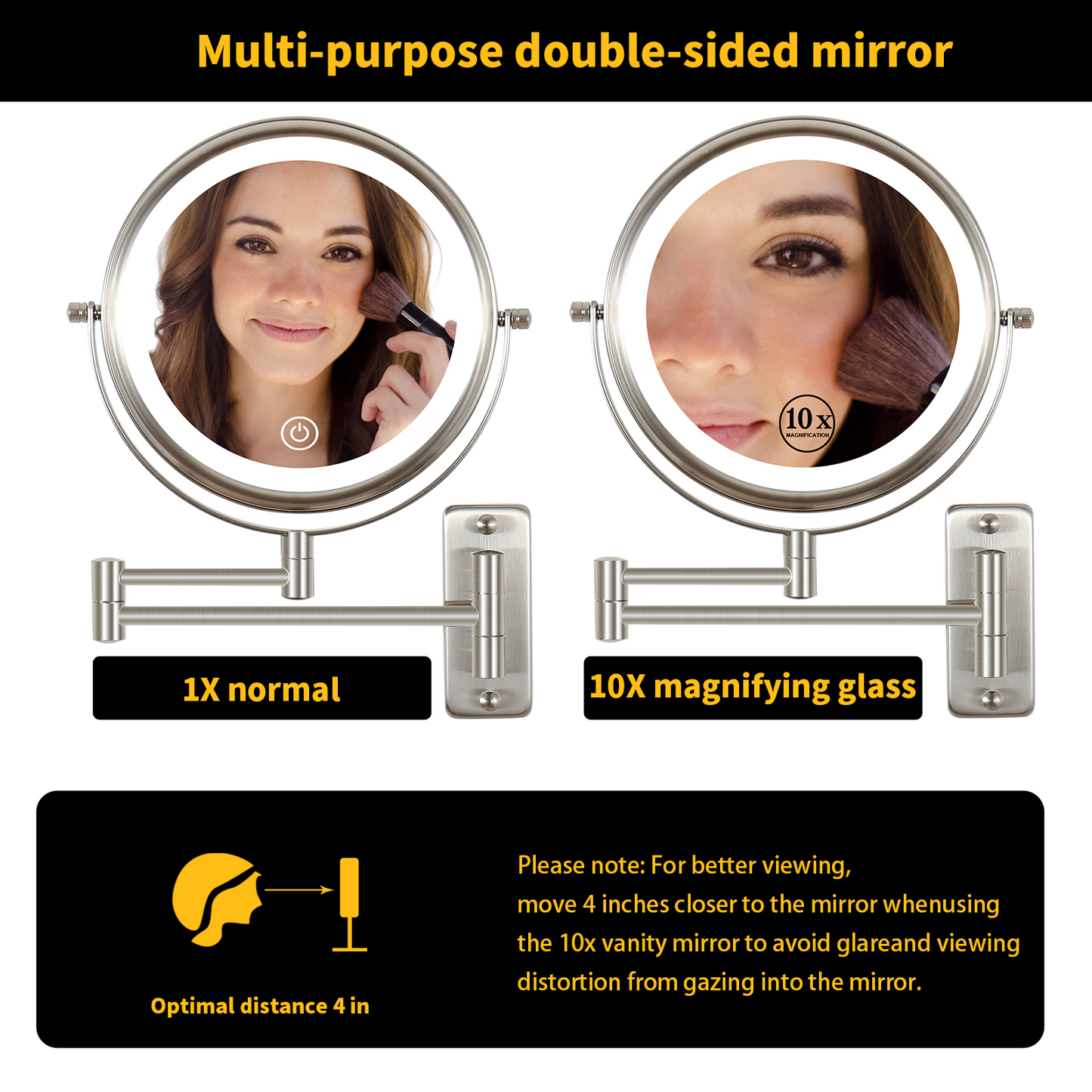 8 Inch Wall-Mounted Makeup Mirror, Double Sided 1x/10x Magnifying Makeup Mirror, 3 Colour Lights Touch Screen Dimmable Bathroom Mirror, 360° Swivel Vanity Mirror Built-In Battery