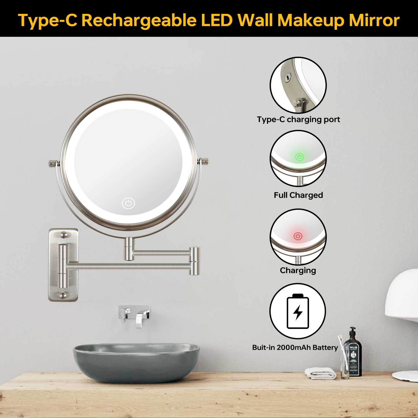 8 Inch Wall-Mounted Makeup Mirror, Double Sided 1x/10x Magnifying Makeup Mirror, 3 Colour Lights Touch Screen Dimmable Bathroom Mirror, 360° Swivel Vanity Mirror Built-In Battery