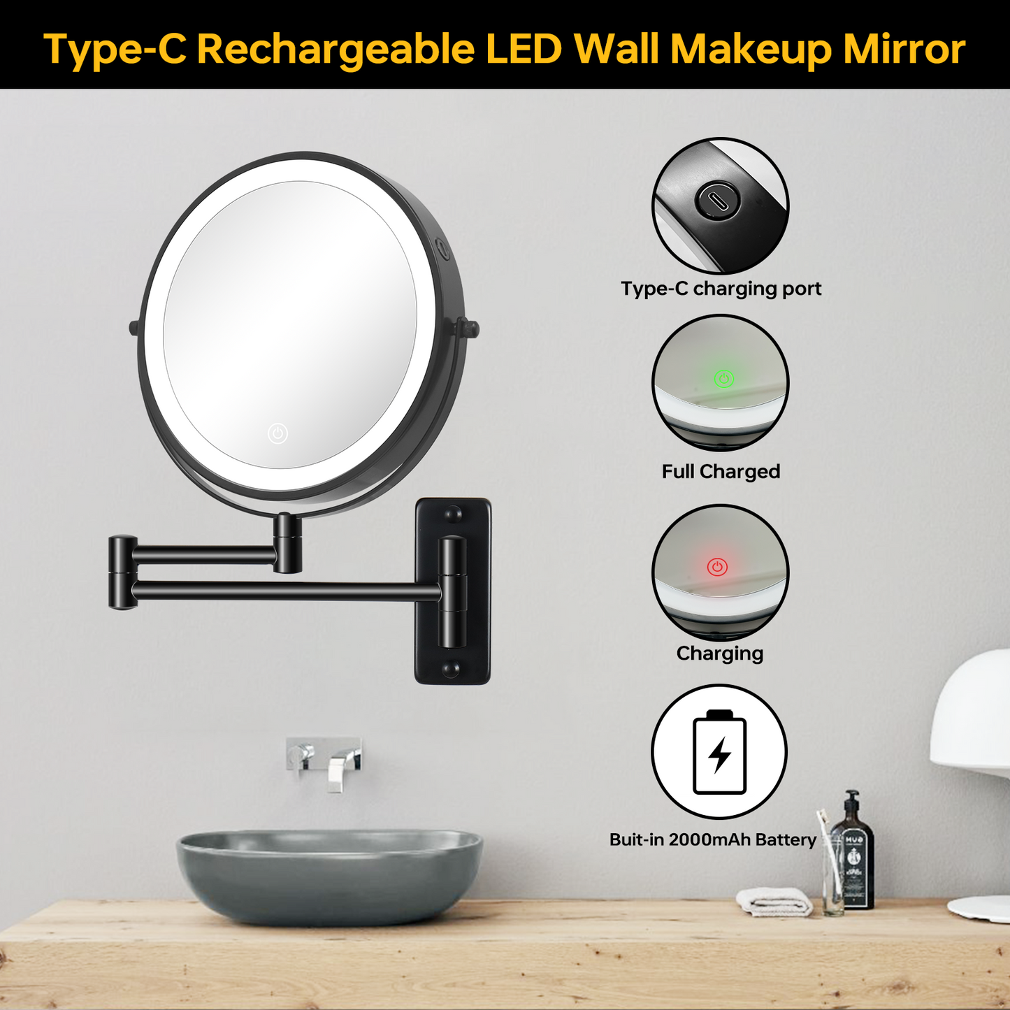 8 Inch Wall-Mounted Makeup Mirror, Double Sided 1x/10x Magnifying Makeup Mirror, 3 Colour Lights Touch Screen Dimmable Bathroom Mirror, 360° Swivel Vanity Mirror Built-In Battery