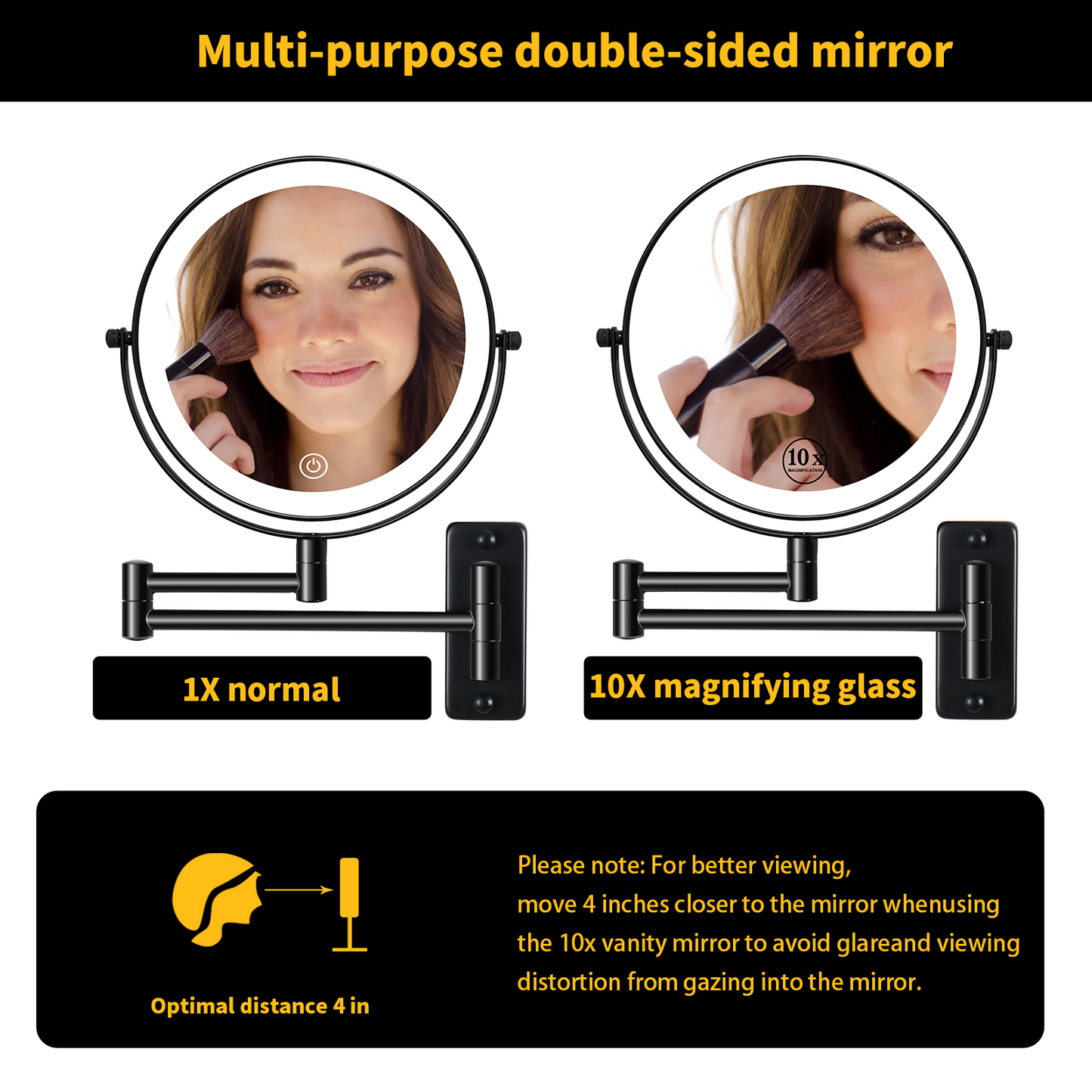 8 Inch Wall-Mounted Makeup Mirror, Double Sided 1x/10x Magnifying Makeup Mirror, 3 Colour Lights Touch Screen Dimmable Bathroom Mirror, 360° Swivel Vanity Mirror Built-In Battery