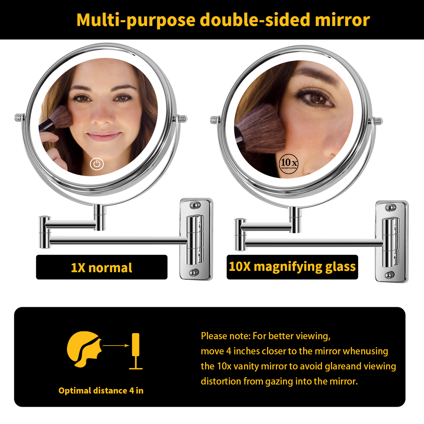 8 Inch Wall-Mounted Makeup Mirror, Double Sided 1x/10x Magnifying Makeup Mirror, 3 Colour Lights Touch Screen Dimmable Bathroom Mirror, 360° Swivel Vanity Mirror Built-In Battery