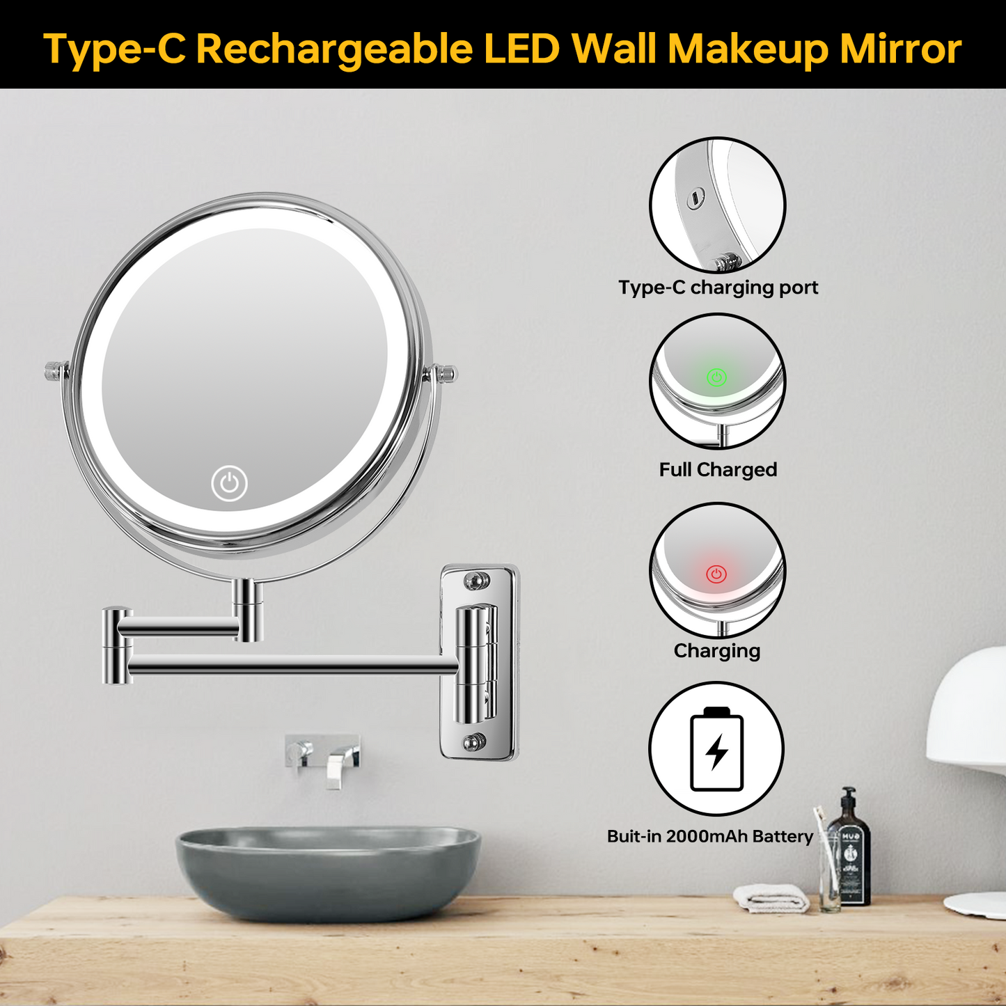 8 Inch Wall-Mounted Makeup Mirror, Double Sided 1x/10x Magnifying Makeup Mirror, 3 Colour Lights Touch Screen Dimmable Bathroom Mirror, 360° Swivel Vanity Mirror Built-In Battery