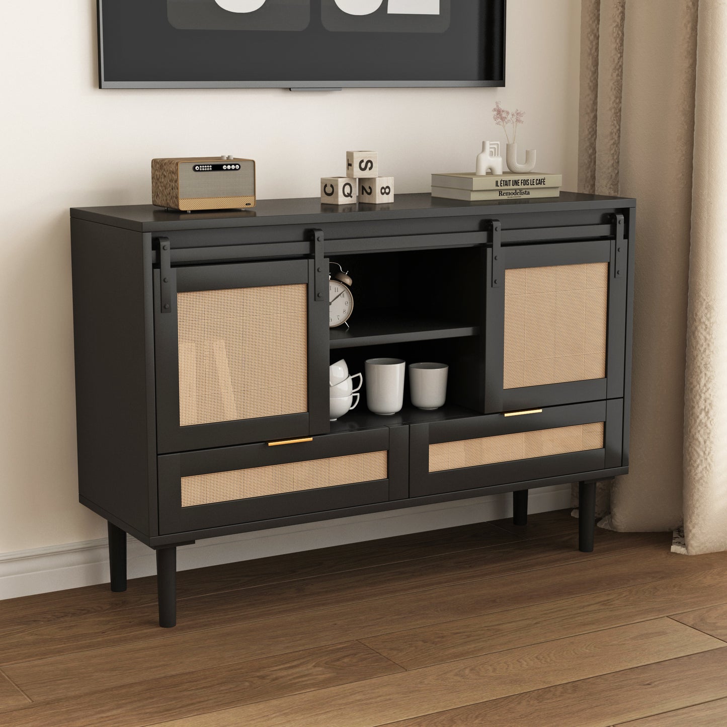 47.24 "Sliding Barn Door Storage Cabinet, TV Cabinet with 2 Drawers, for Living room Bedroom