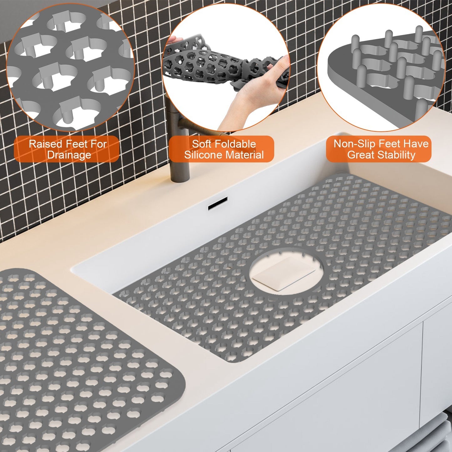 Silicone Grid Sink Mat with Central Drain Hole Non-Slip Kitchen Stainless Steel Sink Protector